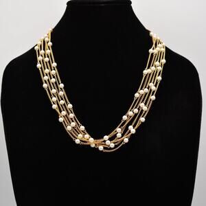 Celebrity NY Vintage Multi-Chain Necklace Layered Faux Pearl Gold Signed Bin2